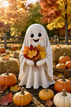 Cute Happy Ghost Holding Autumn Leaves in Pumpkin Patch
