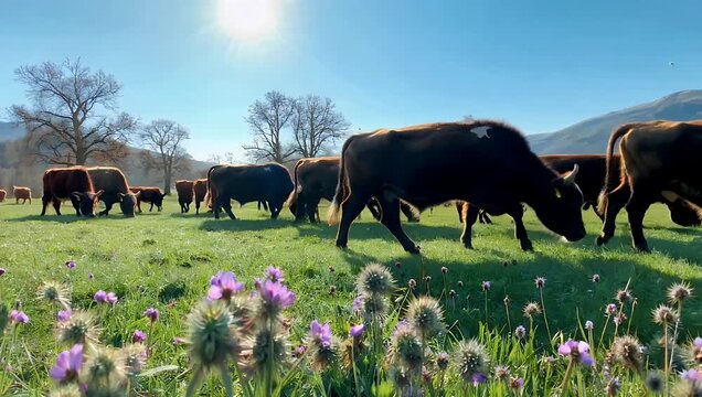 Authentic 4K agricultural video capturing fluffy Highland cattle grazing in a sun-drenched pasture filled with blooming tles and buzzing bumblebees during the peak of summer heat