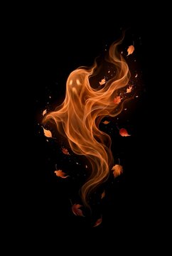 Fiery Autumn Ghost Spirit Swirling With Falling Leaves on Black Background