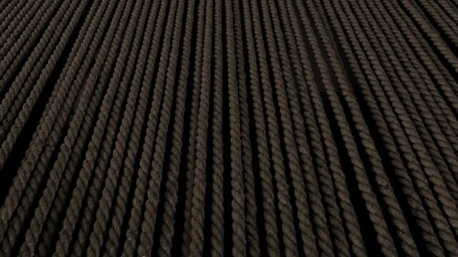 Vertical twisted ropes background swaying against a black illuminated with dim light