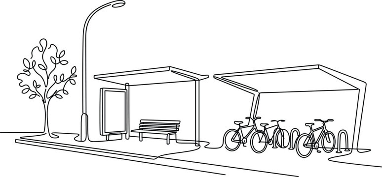 Modern Urban Bus Stop Line Art Illustration with Bicycle Parking Shelter Bench Street Lamp and Tree