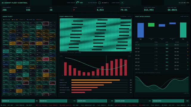 4K AI Agent Fleet Operations Dashboard with Dark UI, Real-Time Utilization Heatmaps, Failure Analytics, and Cost Intelligence Data Visualization for commercial creative technology and business use.