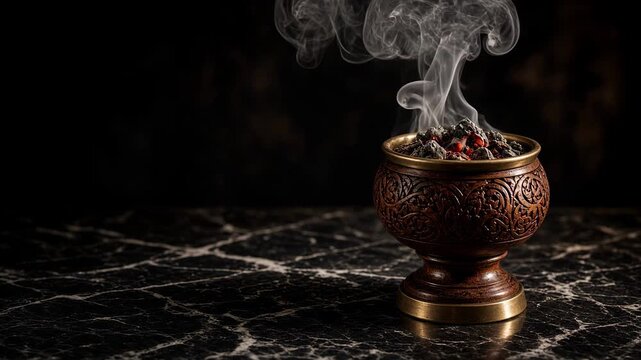Smoke rising from an ornate incense burner on a dark tabletop