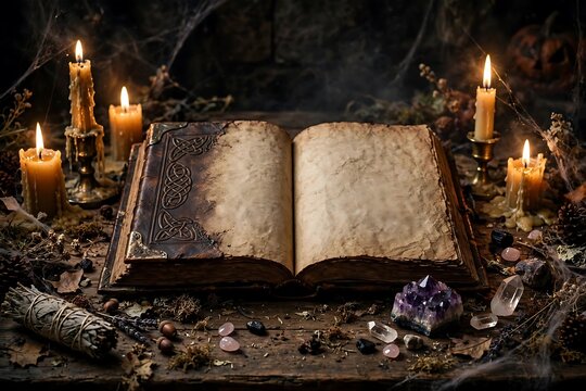 Open spell book with candles and crystals on table