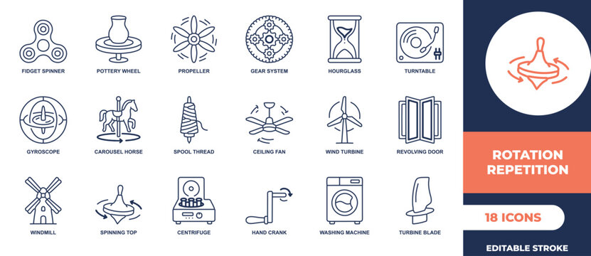 Set of rotation and movement icons including gear system fan wind turbine spinning top and centrifuge