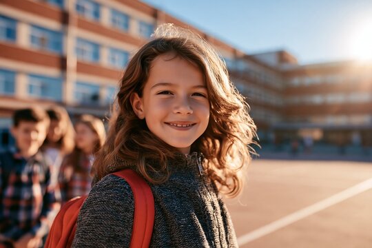 Happy schoolgirl smiling outdoors with backpack in school yard with friends in background at sunset