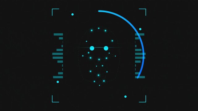 Biometric facial scan and point grid identification analysis animation on dark background