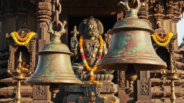 Lord Hanuman Statue with Traditional Temple Bells and Marigold