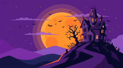 Fototapeta premium Spooky haunted house silhouette under full moon