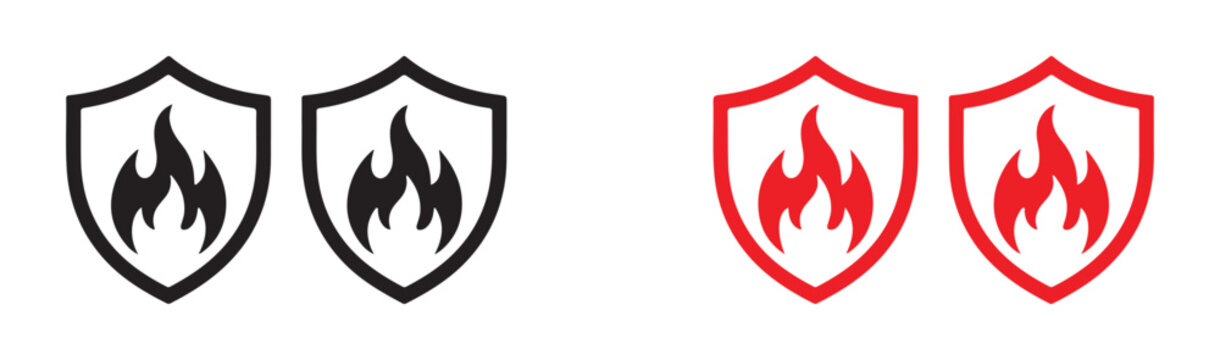 Fire flame shield protection black and red vector icons for safety and security applications.