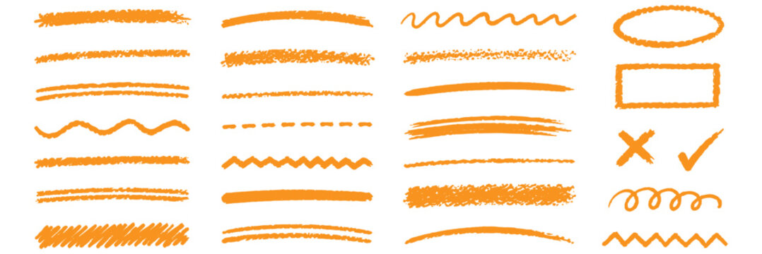 Black brush underline collection with hand drawn chalk, wax crayon, pencil and charcoal strokes for scribble highlights, text emphasis and grunge blackboard vector accents
