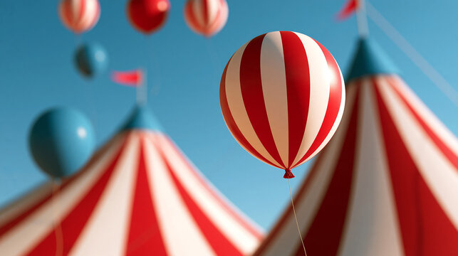 Colorful circus tent with red and white stripes ready for the show, balloons floating in the air above, with copy space