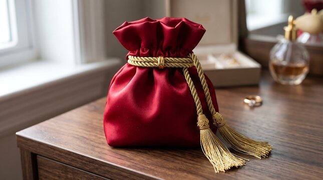 Elegant red silk velvet drawstring jewelry bag with gold rope tassel sitting on wooden vanity surface.