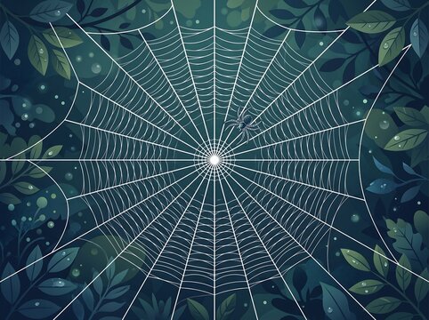 Single spider positioned on expansive radial silk web surrounded by lush deep forest green foliage plants.