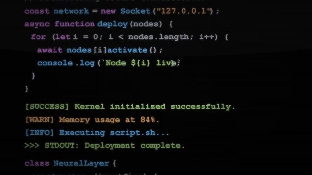 scrolling computer source code on dark screen, software development, terminal interface, programming syntax, cybersecurity, server logs, data analytics