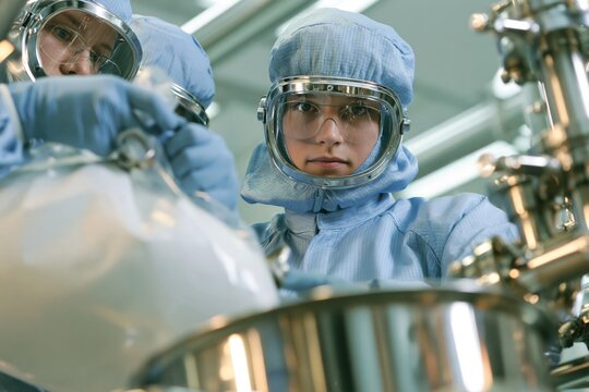 Workers using protective gear to dilute large quantities of potassium hydroxide in a water tank