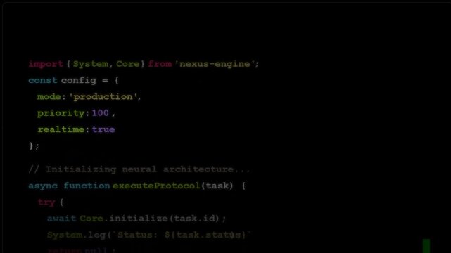 Scrolling source code script in a terminal environment representing software engineering, web development, data processing, backend programming, syntax highlighting