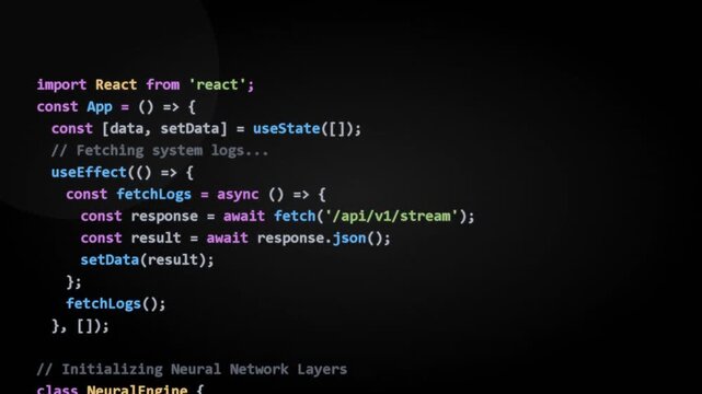 Javascript programming code scrolling on dark screen, software development, web engineering, backend data processing and system logic