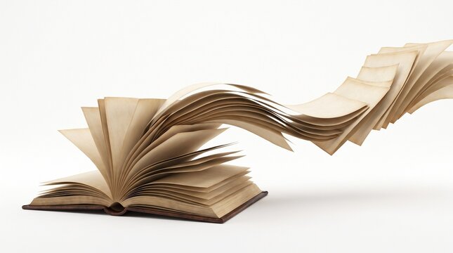 Open book with pages flying away isolated on white background