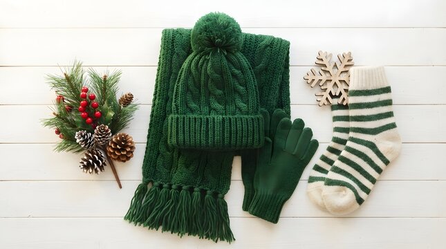 Cozy winter accessories including a green knitted hat, scarf, gloves, and striped socks isolated on white background