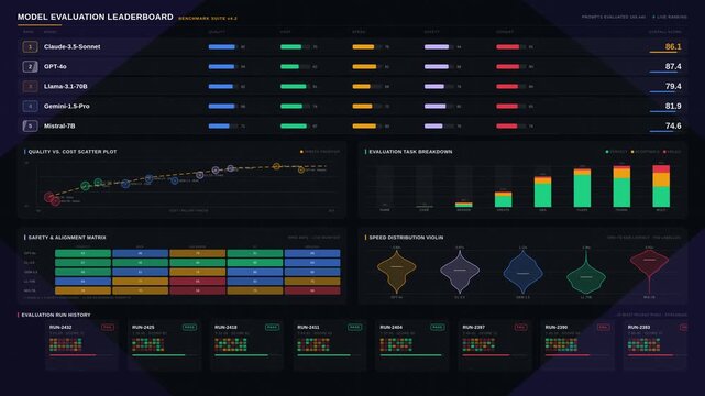 AI model evaluation dashboard with live leaderboard, quality cost speed charts, and safety heatmap in dark gold UI for commercial creative technology and business use.