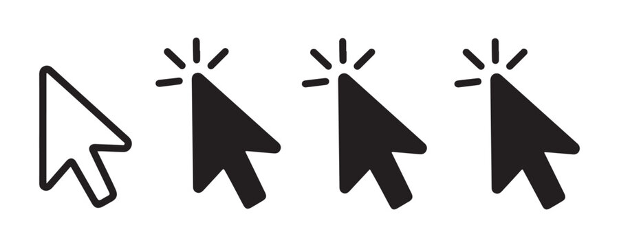 Arrow cursor icon set with click animation effects in black and outline style for screen design.