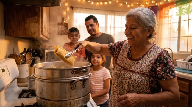 Older woman lifting steamed tamale