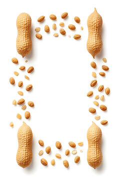 Creative frame made of peanuts and kernels on a white background, isolated, PNG style