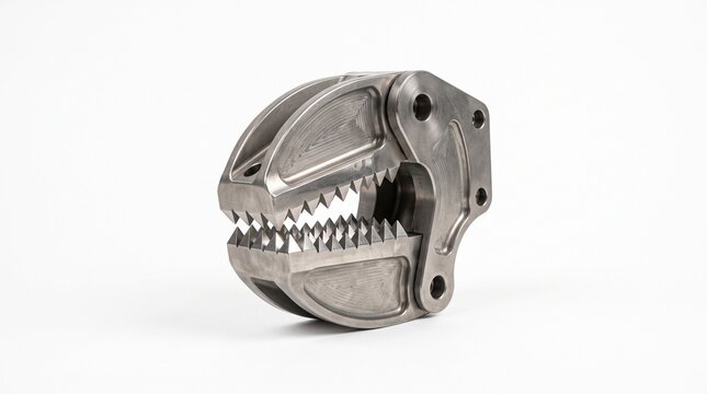 Subsea ROV manipulator jaw gripping surface. Aerospace grade titanium robotic clamp with interlocking pyramidal teeth for underwater intervention. Industrial marine hardware on white background.