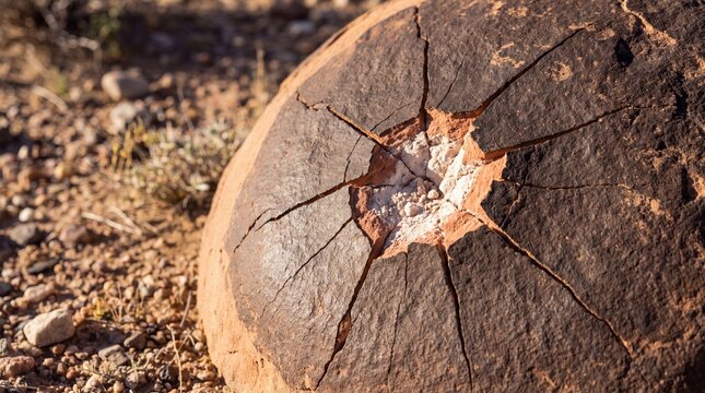 Cracked spherical rock nodule with mineral core in desert landscape.