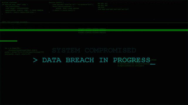 Digital interface displaying system compromised and data breach in progress warning, cyber attack alert, hacking threat, network security failure
