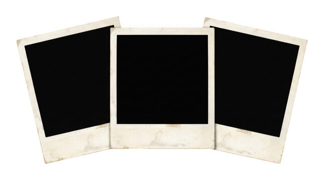 Three vintage polaroid photo frames with black centers arranged in a fan shape, isolated on transparent background