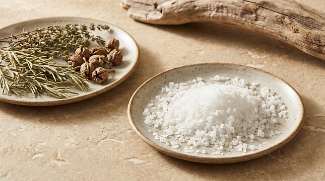 Fresh green rosemary herbs and white sea salt in ceramic plates on a wooden kitchen table top.coastal dry goods