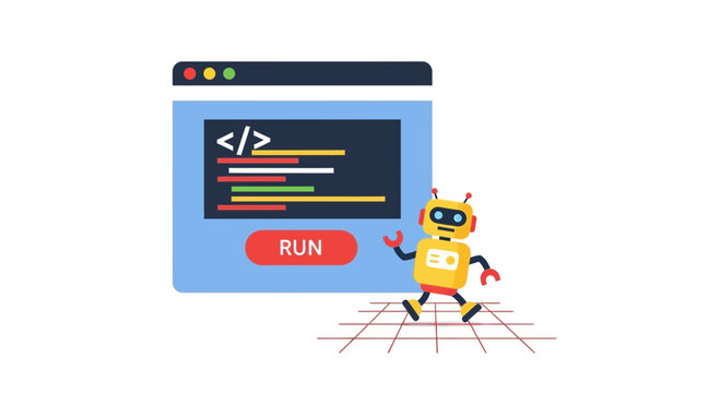 AI Robot Automating Code in Browser Window Flat Vector Illustration