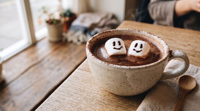 Hot chocolate mug with smiling ghost marshmallows on wood