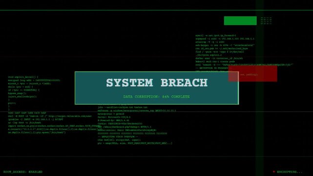 digital system breach alert warning message on screen, cyber security threat, data hacking, network failure, glitch texture, software exploit