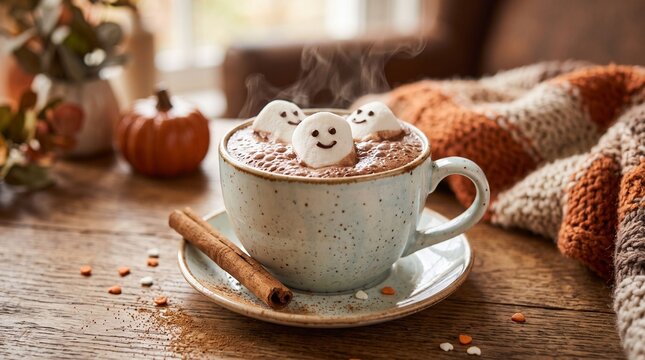 Steaming hot cocoa with smiling ghost marshmallows and spice