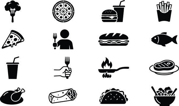 Set of black and white flat food and meal icons showing pizza burger fast food and culinary cooking utensils