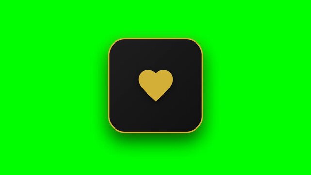 Six social media heart icons with gold symbols on green screen