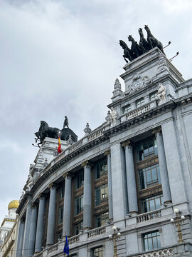 Section of the facade of the historic Banco de Bilbao building on Calle de Alcal&aacute; in Madrid. Spain.