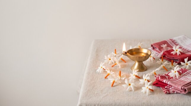 Lit brass diya oil lamp surrounded by fresh shiuli flowers and red-white fabric with generous copy space.