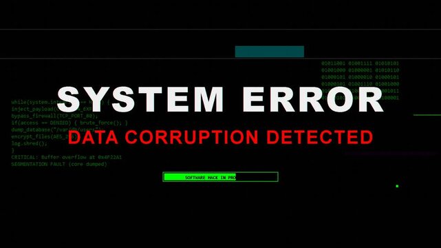 System error and data corruption warning with digital glitch, chromatic aberration effects, cyber security breach, technology failure alert