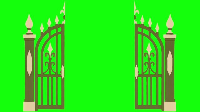 Ornate wrought iron ornamental gate opening animation green screen background video clip sequence