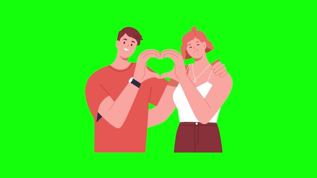 Happy young couple forming heart shape with hands together on green screen 2D vector animation clip