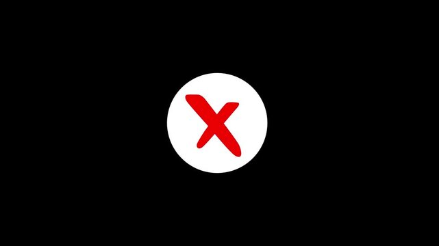 Cross mark error symbol wrong cancel rejection black background. red cross mark icon brushstroke animation Transparent background.