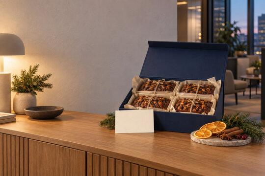 Christmas fruitcake gift box on an office credenza