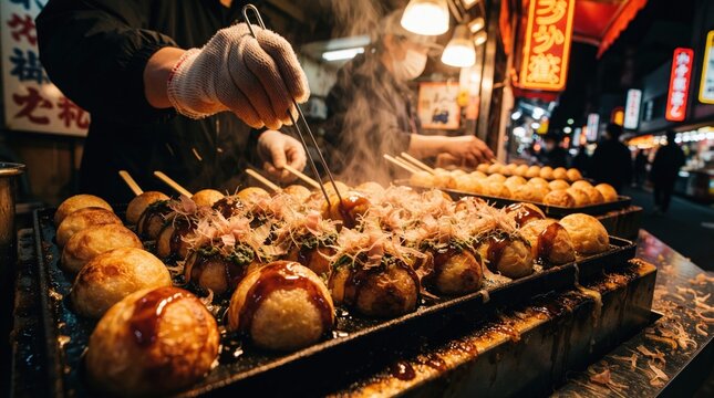 Street vendor cooks takoyaki in Japanese night market. Chef flips octopus balls with metal picks on hot grill. Tasty snack with bonito flakes, sauce, seaweed garnish. Traditional Asian street food