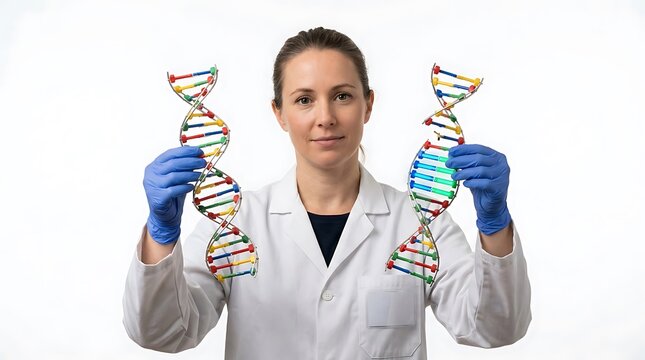 Professional scientist holding two colorful DNA double helix models against a white background