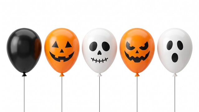 Spooky Halloween balloons featuring scary jack o lantern faces and eerie ghosts isolated on white background