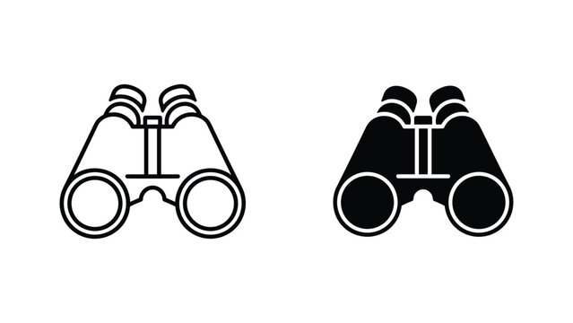 Binoculars icon set featuring outline and solid black designs for nature observation and travel